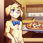 anthro blue_eyes blush blush_lines bowtie five_nights_at_freddy's food fur machine male male_focus pink_nose pizza smile smiling_at_viewer solo solo_focus tan_body tan_fur the_return_to_freddy's candougie dug_(trtf) animatronic bird_dog canid canine canis domestic_dog hunting_dog labrador mammal retriever robot