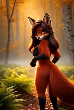 anthro bent_over eye_contact female forest grok_imagine hair long_hair looking_at_another looking_at_viewer pat_furring perchance plant solo standing tail_motion teasing tree canid canine fox mammal animated short_playtime webm