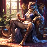 anthro beverage chair clothed clothing container cup female furniture genitals partially_clothed presenting presenting_pussy pussy solo spread_legs spreading hyperion felid khajiit mammal