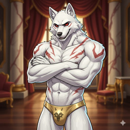 5_fingers abs anthro black_eyebrows black_nose brayden_is_okay clothing confident crossed_arms eyebrows fingers fur gemini male mansion markings muscular muscular_male navel nipples red_eyes red_markings solo speedo standing swimwear white_body white_fur epic_games fortnite fletcher_kane canid canine canis mammal wolf