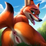 anthro anus crossgender disney female genitals grass green_eyes landscape looking_at_viewer looking_back looking_back_at_viewer mtf_crossgender open_mouth plant presenting presenting_pussy pussy raised_tail solo teeth tongue tongue_out zootopia angry_puppy nick_wilde canid canine fox mammal