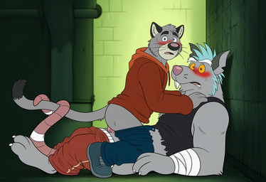 age_difference anal anal_penetration anthro black_nose black_pupils blue_eyes blue_hair blush blushing_profusely bottomwear bottomwear_down caught clothed clothing cowgirl_position denim denim_clothing duo entwined_tails footwear from_front_position fur grey_body grey_fur hair hoodie jeans looking_at_viewer male male/male on_bottom on_top pants pants_down partially_clothed penetration pink_nose pupils sex shirt shoes shorts tail tail_coil tank_top topwear yellow_sclera young dart_(brok_the_investigator) graff_filsh domestic_cat felid feline felis mammal murid murine rat rodent