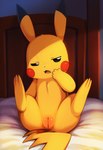 bed blush body_blush feet female fur furniture genitals hand_on_face legs_up on_bed open_mouth presenting presenting_pussy pussy pussy_blush sitting sitting_on_bed soles solo tired tired_eyes tuft yawn yellow_body yellow_fur jomisa nintendo pokemon generation_1_pokemon pikachu pokemon_(species) hi_res