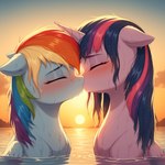 bangs blush cloud duo ears_up equid equine eyes_closed female female/female feral folded_wings friendship_is_magic hair hasbro hi_res horn kissing lake light mammal mane multicolored_hair multicolored_mane my_little_pony partially_submerged pegasus rainbow_dash_(mlp) sitting sun sunlight sunset twilight_sparkle_(mlp) tyto4tme4l water_drops wet wet_body wet_hair winged_unicorn wings