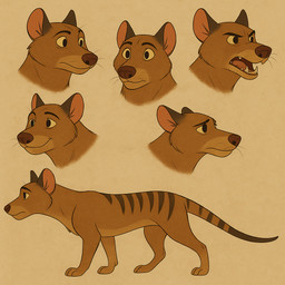 feral male markings simple_background solo striped_markings stripes whatshisnuts toba_(whatshisnuts) dasyuromorph mammal marsupial thylacine flat_colors model_sheet