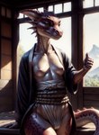 anthro asian_clothing breasts clothing east_asian_clothing female fundoshi hi_res japanese_clothing japanese_house kobold looking_at_viewer marcus64 nipples non-mammal_breasts non-mammal_nipples pink_nipples red_body scales scalie small_breasts solo standing underwear