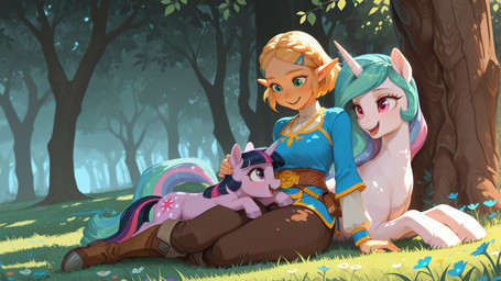 blonde_hair boots clothing crossover cutie_mark eyelashes female feral footwear grass green_eyes group hair horn humanoid_pointy_ears light mane open_mouth open_smile outside plant prone purple_eyes short_hair sitting smile sunlight tail tree trio wings truekry friendship_is_magic my_little_pony nintendo the_legend_of_zelda princess_celestia_(mlp) princess_zelda twilight_sparkle_(mlp) elf equid equine humanoid hylian mammal unicorn winged_unicorn hi_res wainsfwillustrious_(model)