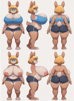 anthro belly big_belly blonde_hair bottomwear bra brown_body buckteeth chubby_female clothing eyewear female glasses gym_bottomwear gym_clothing gym_shorts hair hyper hyper_breasts nipples paws shorts solo sports_bra teeth underwear yasuhikonsfw pepper_(yasuhikonsfw) lagomorph leporid mammal rabbit hi_res model_sheet
