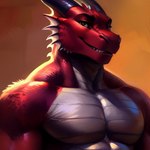 anthro arkdragon dragon grin horn male muscular pecs red_body red_scales scales seductive smile smiling_at_viewer smirk solo white_body white_scales wingless_dragon