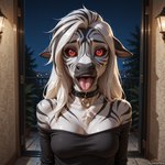 anthro bodily_fluids breasts clothing collar ears_down female fur hair long_hair looking_at_viewer night pivoted_ears red_eyes saliva solo tongue tongue_out ivorymane equid equine mammal zebra