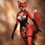 anthro blue_eyes blurred_background breasts canid canine chest_tuft clothing countershading female fox fur genitals gloves handwear lingerie looking_at_viewer mammal mercrantos nipples pussy red_body red_fur seductive solo tuft