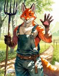 5_fingers belt chest_tuft claws clothed clothing day detailed_background farmer fence fingers fur gesture grass looking_at_viewer male muscular muscular_male orange_body orange_fur outside overalls overalls_only pawpads pecs pitchfork plant smile smiling_at_viewer solo standing tools tree tuft waving waving_at_viewer white_body white_fur anonymous_director canid canine fox mammal red_fox hi_res signature traditional_media_(artwork)