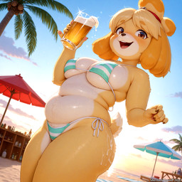 alcohol anthro beer belly beverage big_breasts bikini blush breast_squish breasts brown_eyes clothed clothing cloud curvaceous curvy_figure day drunk female fingers floppy_ears fur furniture hair hips laughing low-angle_view mountains outside palm_tree pattern_clothing plant sagging_breasts sand sea side_boob slightly_chubby smile solo squish standing striped_clothing stripes substance_intoxication swimwear tail thick_thighs tree umbrella voluptuous water wide_hips yellow_body sherlock_hound_(director) animal_crossing nintendo isabelle_(animal_crossing) canid canine canis domestic_dog mammal shih_tzu toy_dog detailed hi_res shaded soft_shading