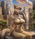 anthro athletic blush breasts brown_body brown_fur chest_tuft choker city cleavage clothed clothing crossgender dress female fur hair jewelry medium_hair mtf_crossgender necklace nipple_outline plant ponytail shy sitting sky smile solo solo_focus sunset tuft twokinds wide_hips yellow_eyes banal_fissure sythe_(twokinds) canid canine canis keidran mammal wolf