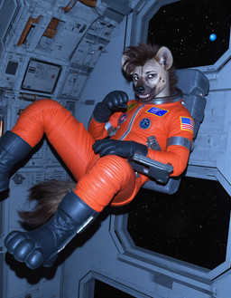 4_toes 5_fingers anthro astronaut black_eyes boots brown_hair clothed clothing cosmic_background electronics feet fingers flashlight floating footwear furgonomic furgonomic_bottomwear gloves hair handwear inside looking_at_viewer male mohawk open_mouth orange_clothing photorealism planet realistic screen shadow sitting solo space spacecraft_interior spacesuit starry_background stars_and_stripes tan_body teeth toes united_states_of_america window zero_gravity 7oxytron canid canine hyaenid mammal hi_res