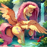 butt chest_tuft dock_(anatomy) eyes_closed feathered_wings feathers featureless_crotch female feral flower hair hooves long_hair outdoors pink_hair plant pony_diffusion_(model) rear_view smile solo spread_wings standing_in_water tuft underhoof water waterfall wet wet_hair wings tyto4tme4l my_little_pony fluttershy_(mlp) equid equine horse mammal pegasus pony hi_res