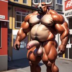 anthro bovid bovine cattle erection foreskin genitals horn male mammal musclegut muscular muscular_anthro muscular_male penis simplyai solo standing