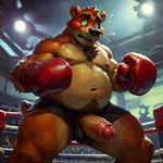 anthro bar_emanata black_bottomwear black_clothing black_shorts blush bottomwear boxing boxing_gloves cheek_tuft chest_tuft clothed clothing countershading emanata erection eyebrows facial_tuft fighting_pose fighting_ring fluffy_universe_furry_(model) foreskin front_view fur genitals handwear head_tuft hotpants humanoid_genitalia humanoid_penis inside looking_down male multicolored_body multicolored_fur musclegut nipples open_mouth overweight overweight_male partially_clothed penis pose pubes public public_nudity shorts shoulder_tuft skimpy solo sport spotlight surprise surprised_expression tan_body tan_fur thick_eyebrows tuft two_tone_body two_tone_fur wardrobe_malfunction whisker_spots imperialhorizon mammal ursid hi_res portrait three-quarter_portrait