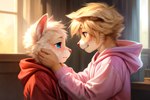 blue_eyes bodily_fluids clothing comfort duo frown fur hoodie looking_at_another male male/male pink_nose subsurface_scattering tears topwear touching_face warm_lighting warm_smile white_body white_fur yellow_body yellow_fur young somefursoup canid canine mammal warm_colors