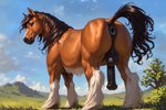 anatomically_correct anatomically_correct_genitalia animal_genitalia animal_penis anus balls brown_hair brown_mane brown_tail butt cloud dark_hair detailed_background equine_anus equine_genitalia equine_penis feral fetlocks fur genitals grass grassland hair looking_at_viewer looking_back male mane muscular orange_body orange_fur outdoor_nudity outdoors outside penis plant presenting presenting_hindquarters puffy_anus raised_tail sky smile solo tree white_body white_fetlocks white_fur draft_horse equid equine horse mammal detailed full-length_portrait hi_res portrait