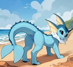 anus beach blue_body butt embarrassed female feral genitals implied_transformation looking_back no_sclera pussy rear_view seaside solo standing water quicklime eeveelution generation_1_pokemon pokemon_(species) vaporeon hi_res