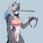 anthro bell bell_collar blue_hair cat_lingerie clothing collar dialogue female fur grey_body grey_fur grey_hair hair holding_object lingerie looking_at_object multicolored_hair pupils side_view simple_background slim slit_pupils solo standing striped_body striped_fur stripes text two_tone_hair wheel_of_fortune domestic_cat felid feline felis mammal hi_res