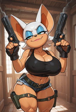 anthro areola breasts cleavage clothed clothing cosplay crossover crossover_cosplay erect_nipples eyeshadow female fur gun handgun makeup narrowed_eyes nipples ranged_weapon smile solo tan_body tan_skin weapon white_body white_fur anonymous_director sega sonic_the_hedgehog_(series) tomb_raider lara_croft rouge_the_bat bat mammal hi_res
