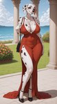 anthro beach_background big_breasts blue_eyes breasts cleavage clothed clothing dress female flower footwear high_heels mature_female pillar plant purse red_clothing red_dress sleeveless sleeveless_dress solo solo_focus whigwham canid canine canis dalmatian domestic_dog mammal absurd_res hi_res