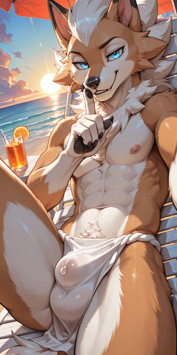 abs animal_genitalia anthro athletic athletic_male beach_background beach_chair biceps black_nose blue_eyes bodily_fluids bottomwear bulge canine_genitalia clothing cloud container cup drinking_glass fully_sheathed fur genital_fluids genitals glass glass_container glass_cup glowing glowing_eyes light loincloth lying male muscular muscular_anthro muscular_male narrowed_eyes navel nipples obliques on_back parasol pecs precum pubes raised_leg sheath shush smile smirking_at_viewer solo sunlight sunset rolf_zahn nintendo pokemon canid canine canis generation_7_pokemon lycanroc mammal midday_lycanroc pokemon_(species) absurd_res hi_res