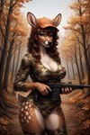 anthro autumn autumn_leaves autumndragon baseball_cap bodysuit brown_body brown_eyes brown_fur brown_hair brunette camo cervid clothing countershading curled_hair female forest fur gun hair hat headgear headwear hi_res legwear mammal outdoors plant ranged_weapon skinsuit solo spots spotted_body spotted_fur tight_clothing tree weapon white_body white_countershading white_spots