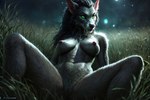 anthro big_breasts black_body black_fur blizzard_entertainment breasts canid canine female field fur genitals green_eyes kauket kauket_blackmoore light mammal moonlight night outside pussy solo warcraft were werecanid werecanine worgen world_of_warcraft