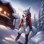 anthro blue_eyes bottomless breasts cabin canid canine canis clothed clothing female forest fur genitals hair jacket leggings legwear mammal medium_breasts neutron_alchemist plant pussy smile snow solo standing topwear tree white_body white_fur white_hair white_tail winter wolf