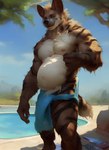 anthro beeryeen belly big_ears biped black_nose clothed clothing countershade_fur countershading fluffy fur hi_res hyaenid looking_at_viewer male mammal mostly_nude musclegut muscular muscular_anthro muscular_male nipples outside partially_clothed pink_nipples pool solo standing striped_body striped_fur striped_hyena stripes towel underwear water