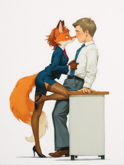 anthro assertive_female clothing desk dominant dominant_female duo female footwear furniture high_heels imminent_kiss male male/female office_clothing table unprofessional_behavior arantonak canid canine fox human mammal absurd_res hi_res