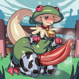 animal_genitalia animal_penis animal_print anthro biped blush bodily_fluids claws clothing cow_print fungus genital_fluids genitals green_body looking_at_viewer male mushroom outside penis presenting solo thick_thighs toe_claws twinkaton nintendo pokemon breloom elemental_creature generation_3_pokemon pokemon_(species)