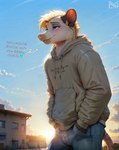 anthro blonde_hair blue_eyes blush bottomwear clothed clothing detailed_background fur hair hand_in_pocket light male meme_clothing outdoor outside pants pink_nose pockets smile solo standing sweatshirt text toony topwear tuft white_body white_fur notte didelphid mammal marsupial absurd_res detailed hi_res lighting meme shaded soft_shading watermark