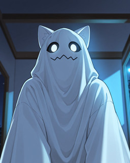 andromorph anthro feral ghost_costume inside intersex male night solo alastorgj domestic_cat felid feline felis ghost humanoid mammal spirit hi_res