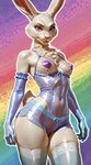 anthro armwear belly bottomwear breasts chest_tuft clothed clothing curvy_figure elbow_gloves female fishnet fishnet_clothing fishnet_topwear front_view fur gloves handwear hotpants legwear looking_at_viewer navel pasties purple_eyes rainbow_background shorts simple_background skimpy small_breasts solo standing tail thick_thighs thigh_highs topwear translucent translucent_clothing tuft white_body white_fur wide_hips chamir136_(director) beastars haru_(beastars) humanoid lagomorph leporid mammal rabbit invalid_tag hi_res