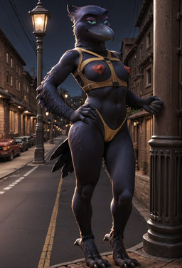 anthro belly black_eyes blue_sclera breasts camel_toe city claws clothing eyelashes eyeshadow feathered_arms feathered_tail feathers female front_view hand_on_hip harness heart_pasties looking_at_viewer makeup navel night nipple_outline outside pasties prostitution slim_body slim_female small_breasts smile smug smug_face smug_look solo standing street talons thick_thighs thong underwear wide_hips chamir136_(director) the_bad_guys doom_(the_bad_guys_2) avian bird corvid corvus_(genus) crow humanoid oscine passerine absurd_res full-length_portrait hi_res portrait