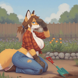 anthro big_breasts blue_eyes bodily_fluids bottomwear breasts brown_body chubby_female clothing crop_top denim denim_clothing dirt female garden gloves hair handwear jeans kneeling_on_ground nipple_slip pants ponytail shirt solo sweat tied_shirt topwear torn_clothing verbotenvertex canid canine fox mammal red_fox hi_res