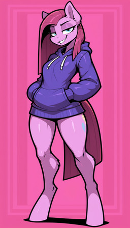 anthro blue_eyes clothing cutie_mark evil_grin eyelashes female fur hoodie lidded_eyes pink_body pink_fur simple_background smile smiling_at_viewer solo standing tail topwear thefuncave friendship_is_magic my_little_pony pinkamena_(mlp) pinkie_pie_(mlp) earth_pony equid equine horse mammal pony hi_res
