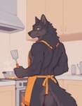 anthro appliance apron apron_only black_body butt clothing cooking cooking_pot kitchen kitchen_appliance kitchen_stove kitchen_utensils looking_at_viewer looking_back looking_back_at_viewer male mostly_nude solo solo_focus stove tools yellow_eyes unknown_director canid canine canis mammal wolf absurd_res hi_res