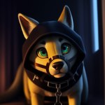 ambiguous_gender chain collar feral hood leash looking_at_viewer muzzle_(object) muzzled solo obsidian canid canine canis domestic_dog mammal