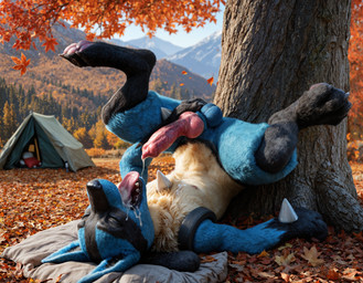 animal_genitalia animal_penis anthro autumn balls bedding big_penis black_body black_fur black_nose blanket blue_body blue_fur bodily_fluids camping canine_genitalia canine_penis chest_spike claws cum cum_drip cum_in_mouth cum_inside cum_on_body cum_on_face cum_on_penis cum_on_self cumshot day depth_of_field dripping ejaculation erection eyelashes eyes_closed feet forest fur genital_fluids genitals knot light looking_pleasured lying male mountains nipples open_mouth outside pawpads paws penis photorealism pink_pawpads plant sheath sky solo spikes spikes_(anatomy) sunlight teeth tent toes tongue tongue_out tree tuft upside_down zerphy nintendo pokemon generation_4_pokemon lucario pokemon_(species) 2025 hi_res signature
