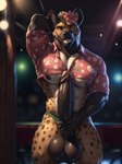 absurd_res anthro balls big_balls big_pecs big_penis code_0_0 crop_shirt flower genitals grin hand_behind_head hi_res huge_balls huge_penis hyaenid male mammal muscular muscular_male nightclub nipples pecs penis plant pose presenting smile solo spotted_hyena thick_thighs