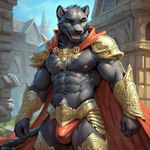 abs anthro armor black_body black_fur bulge cape chest_tuft clothing detailed_background felid fur gauntlets gloves green_eyes handwear happy latteleopard male mammal muscular muscular_male nipples open_mouth pantherine pecs smile solo teeth tongue tuft underwear