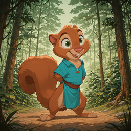 anthro buckteeth bushy_tail clothed clothing forest green_eyes hands_behind_back happy male open_mouth partially_clothed plant semi-anthro smile solo standing teeth toony tree tunic aksel mammal rodent sciurid tree_squirrel hi_res