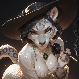 anthro black_background black_clothing black_hair black_headwear black_nails black_nose breasts cheek_tuft cigarette_holder clothing colored_nails dress facial_tuft female foreshortening fur glistening grey_eyes hair headgear headwear leaning leaning_forward nails neckwear simple_background smoking solo spots spotted_body spotted_fur tuft white_body white_clothing white_dress white_fur aviator_spyspecial alcina_dimitrescu felid mammal pantherine snow_leopard hi_res