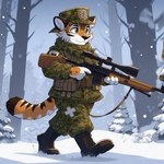 5_fingers anthro armor belt black_stripes clothing desert fingers fur gun hat headgear headwear male markings military military_uniform mountains orange_body orange_fur ranged_weapon rifle sniper_rifle solo striped_body striped_fur striped_markings striped_tail stripes tail_markings uniform weapon nikkolaus felid mammal pantherine tiger