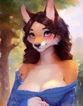 anthro black_nose blush breasts canid canine canis cheek_tuft cleavage clothed clothing facial_tuft female hair half-length_portrait inner_ear_fluff mammal outside pikaflufftuft portrait smile solo sweater topwear tuft